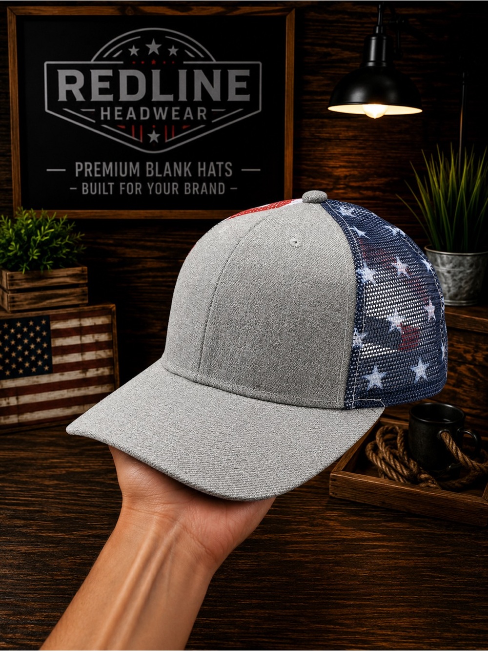 Heather Gray Tactical Operator Trucker Hat – American Flag Mesh Snapback Cap